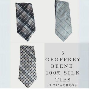 3 Geoffrey Beene Men's Silk Ties In Silver, Tan, Grey, Light Green & Black